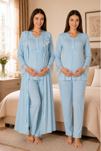 Effortt 2424 Mavi Lohusa Hamile Pijama Takım Sabahlık Takım Effortt 2424 Mavi Lohusa Hamile Pijama Takım Sabahlık Takım